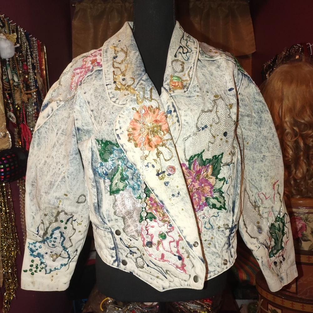 Outerwear By Phoenix Vintage Mixed Medium Hand-Painted Bedazzled Denim Jacket M